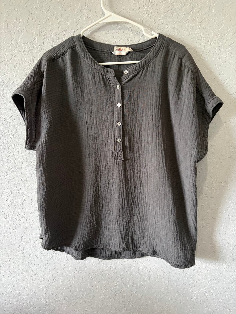 Faherty Women's Dark Gray Gauze Top Organic Cotton Sz XL Boho Lagenlook